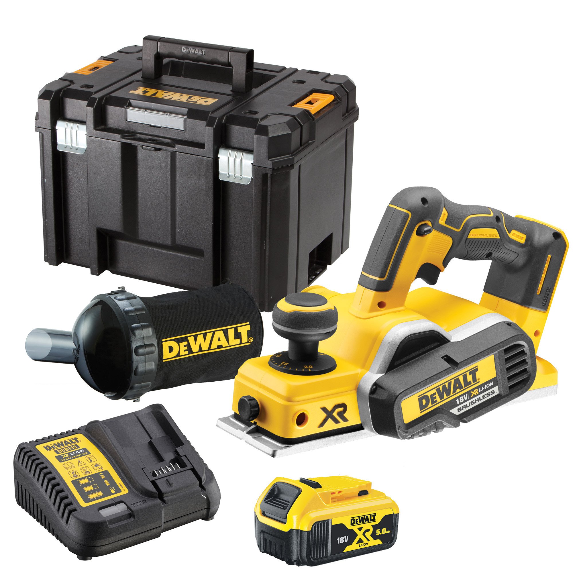 DeWalt DCP580N 18V XR无绳刨床，防尘袋，5Ah电池，充电器和机箱套件