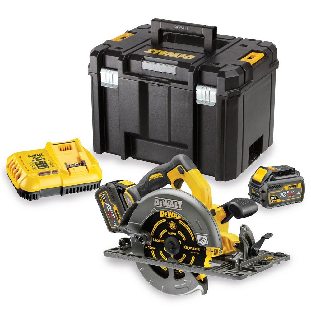 DeWalt DCS576T2 54V XR FlexVolt无刷190毫米圆锯套件- 2x 6Ah电池，充电器和机箱