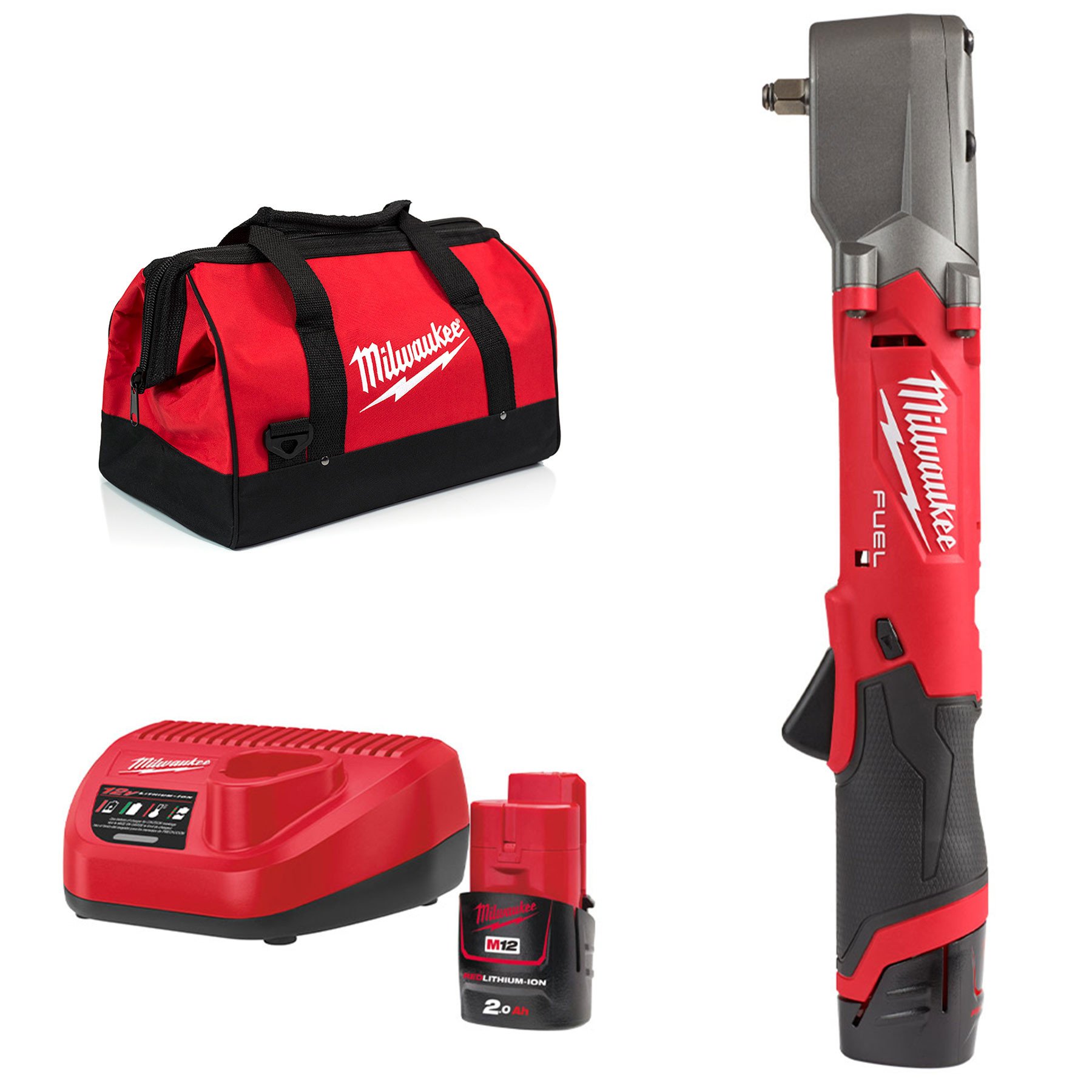 Milwaukee M12FRAIWF38-202B FUEL™3/8直角冲击扳手2 * 2Ah电池充电器和袋子