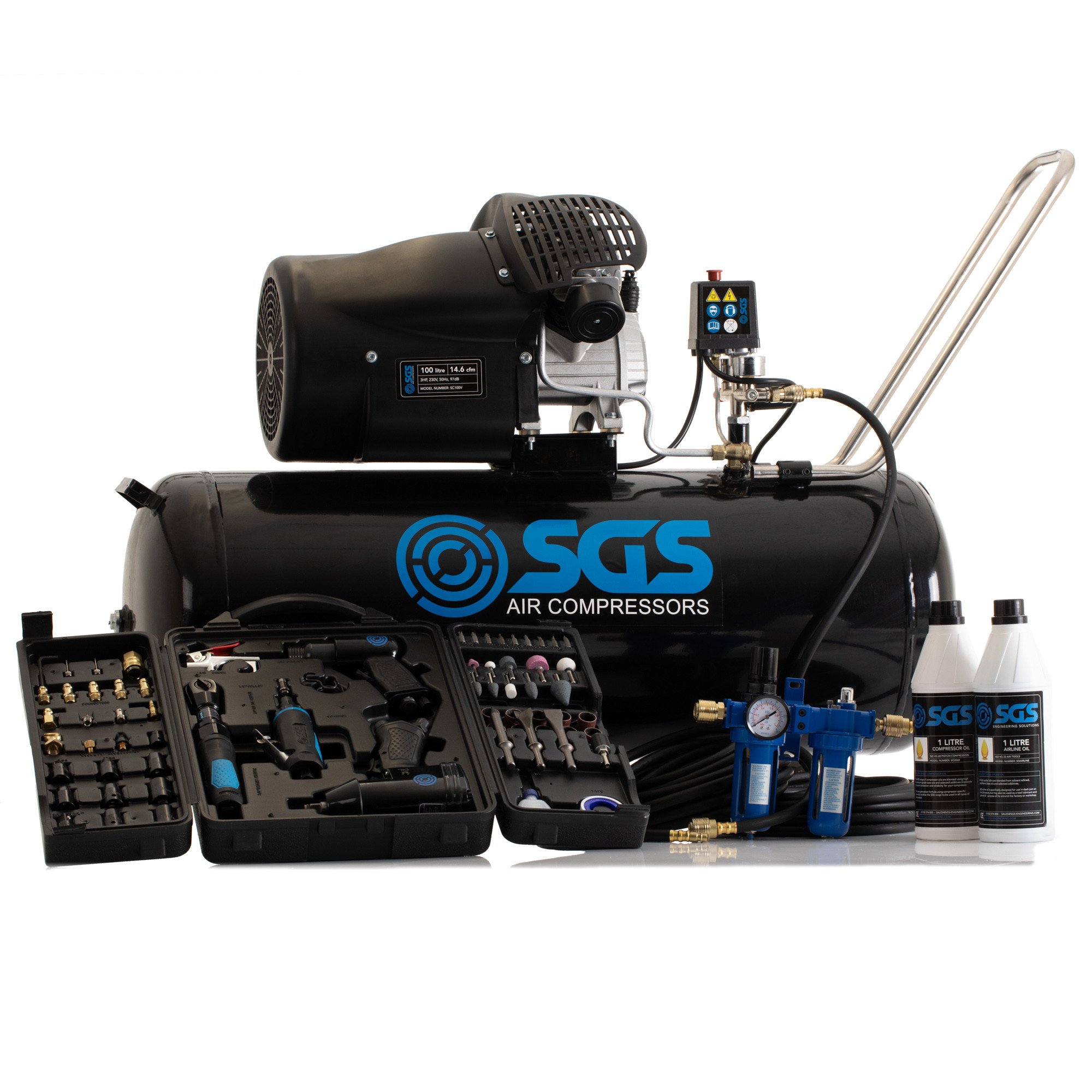 SGS 100升直接驱动空气压缩机和71pcs空气工具套件-14.6CFM 3.0HP 100L