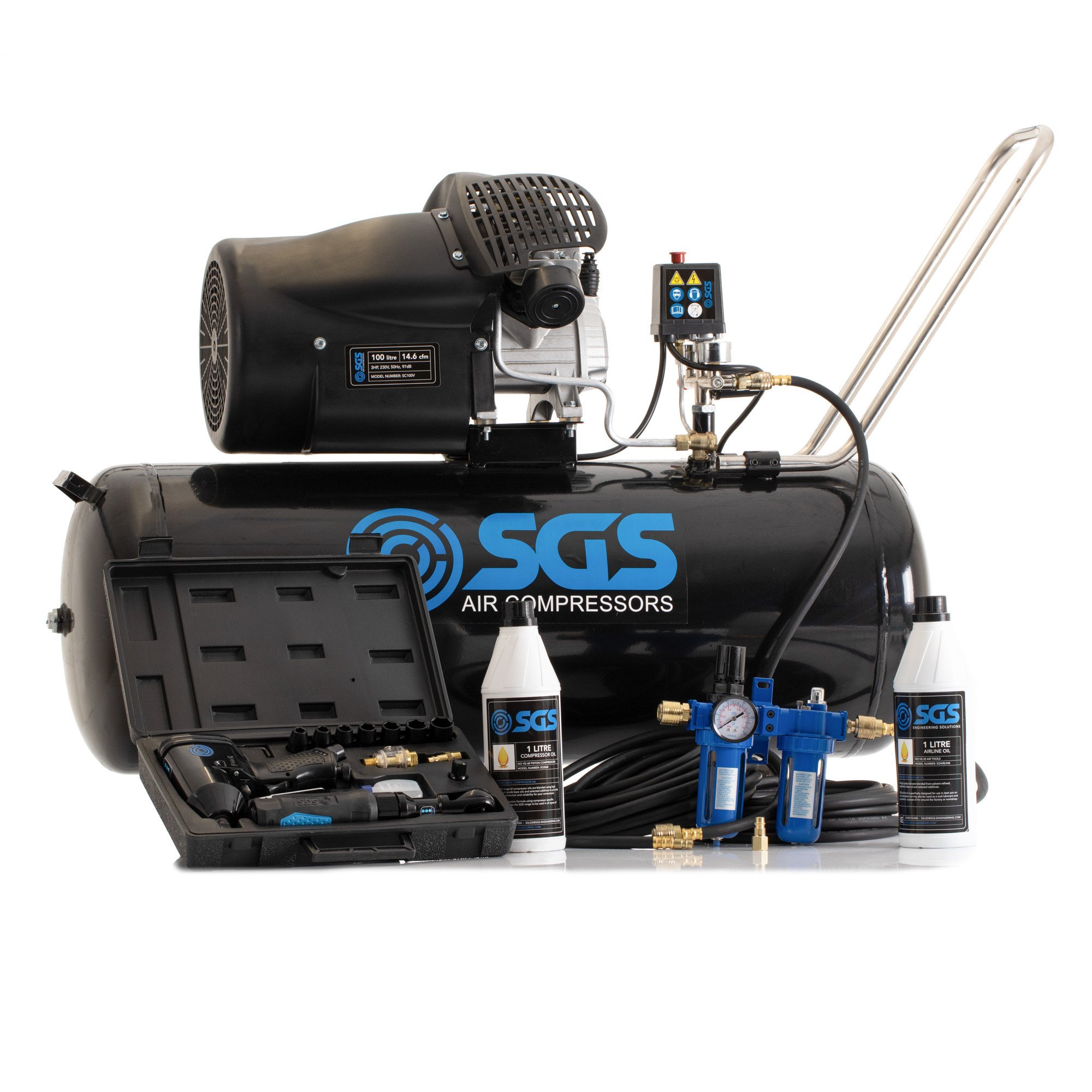 SGS 100升直接驱动空气压缩机和棘轮套件- 14.6CFM 3.0HP 100L