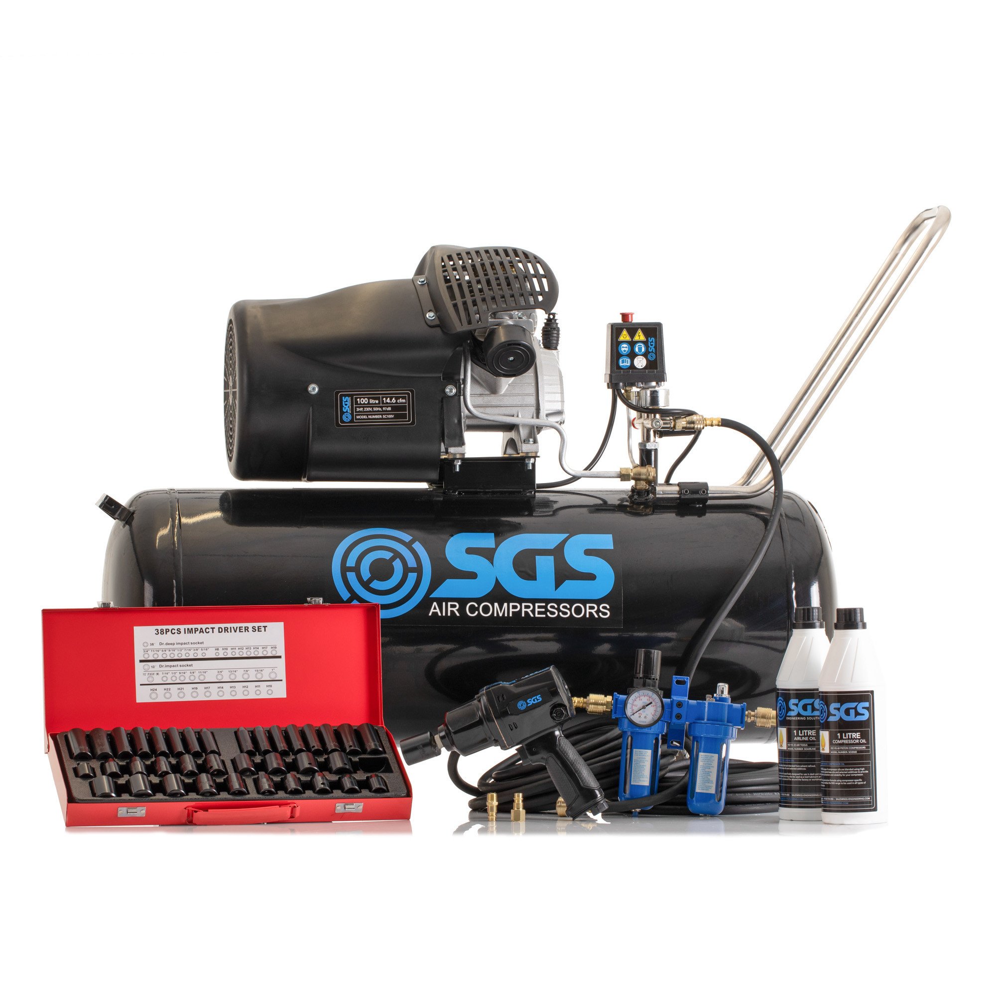 SGS 100升直接驱动空气压缩机和重型棘轮套件-14.6CFM 3.0HP 100L