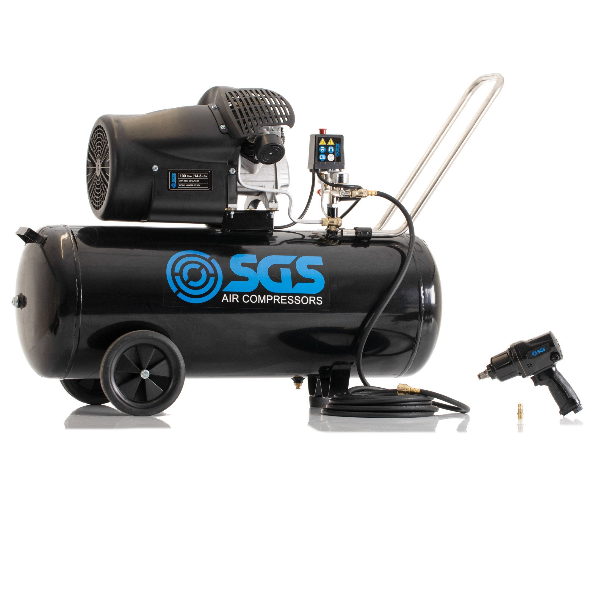 SGS 100升直接驱动空气压缩机和880Nm空气冲击扳手套件- 14.6CFM 3.0HP 100L