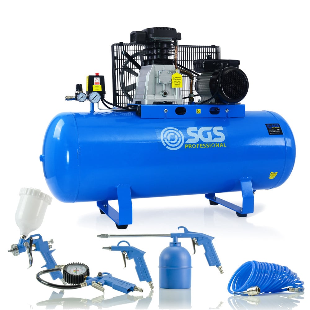 SGS 150升皮带驱动器空气压缩机和5件工具套件 - 免费油