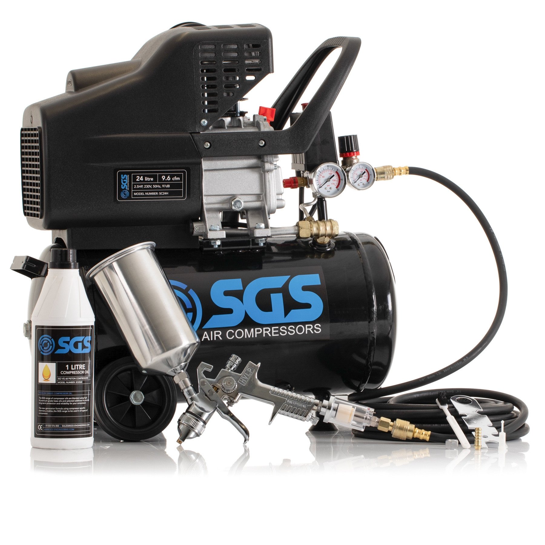 SGS 24升直接驱动空气压缩机和喷枪套件-9.6CFM 2.5HP 24L