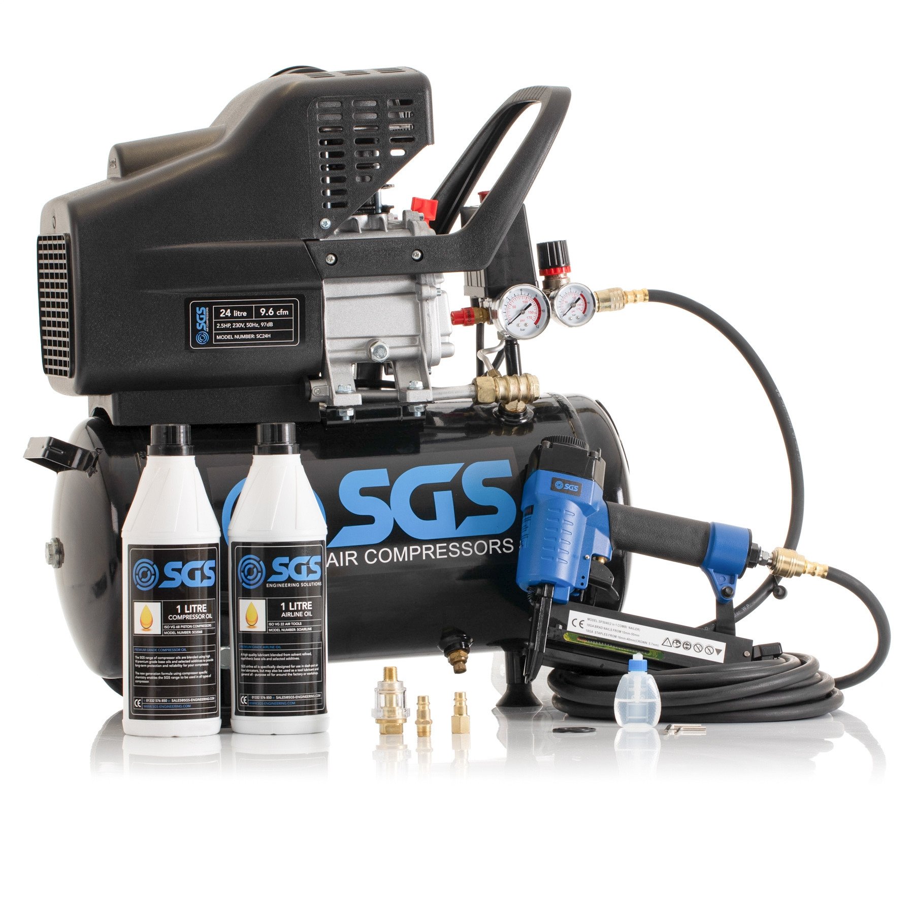 SGS 24升直接驱动空气压缩机和2 in 1空气指甲 /钉书钉-9.6CFM 2.5HP 24L