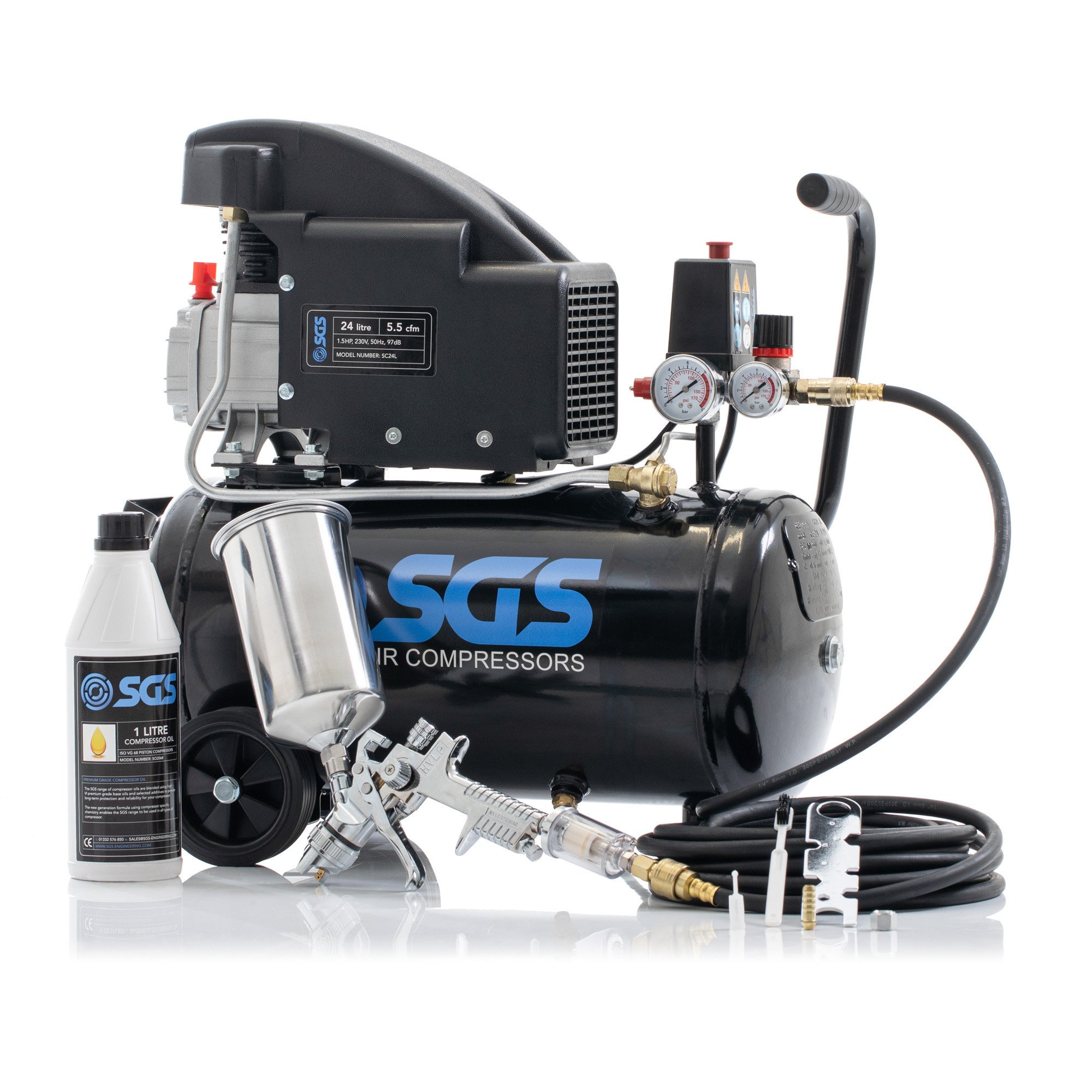 SGS 24升直接驱动空气压缩机和喷枪套件-5.5 CFM，1.5 hp