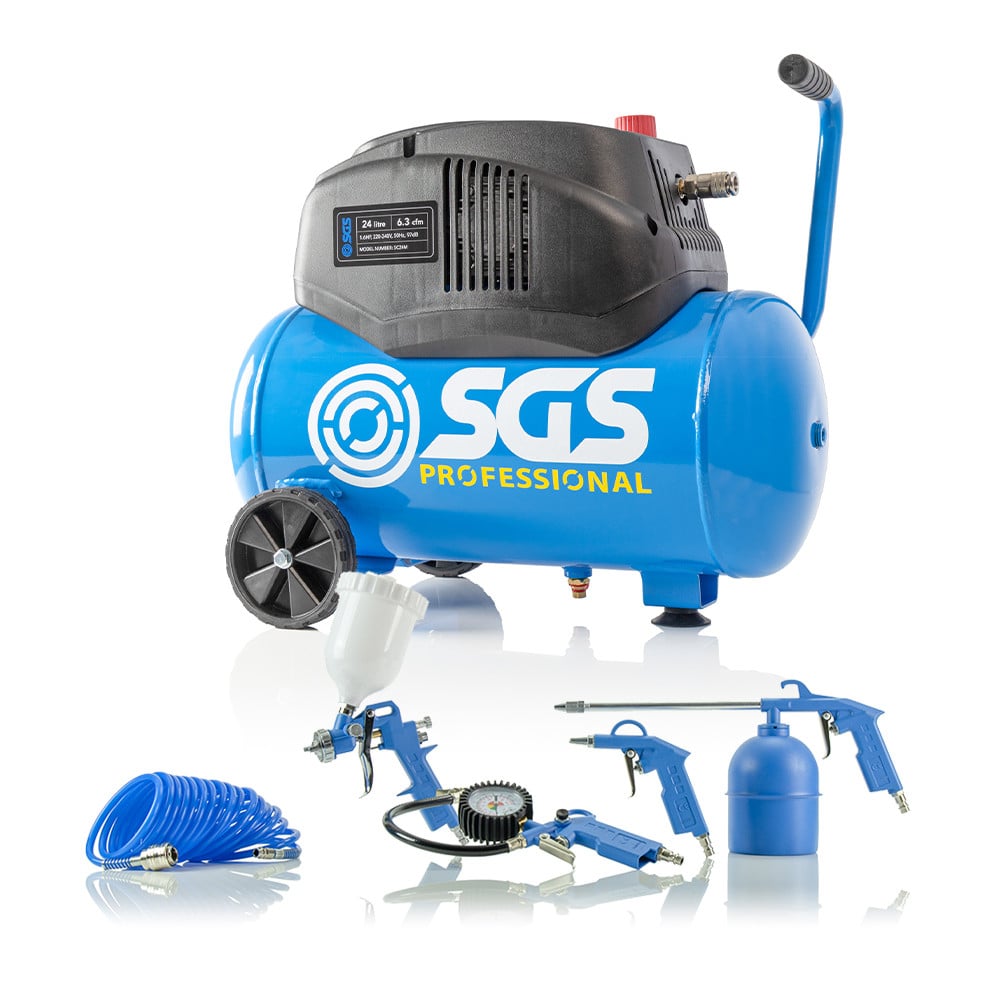 SGS 24升缺油空气压缩机和5块空气工具- 6.3 CFM, 1.6 HP