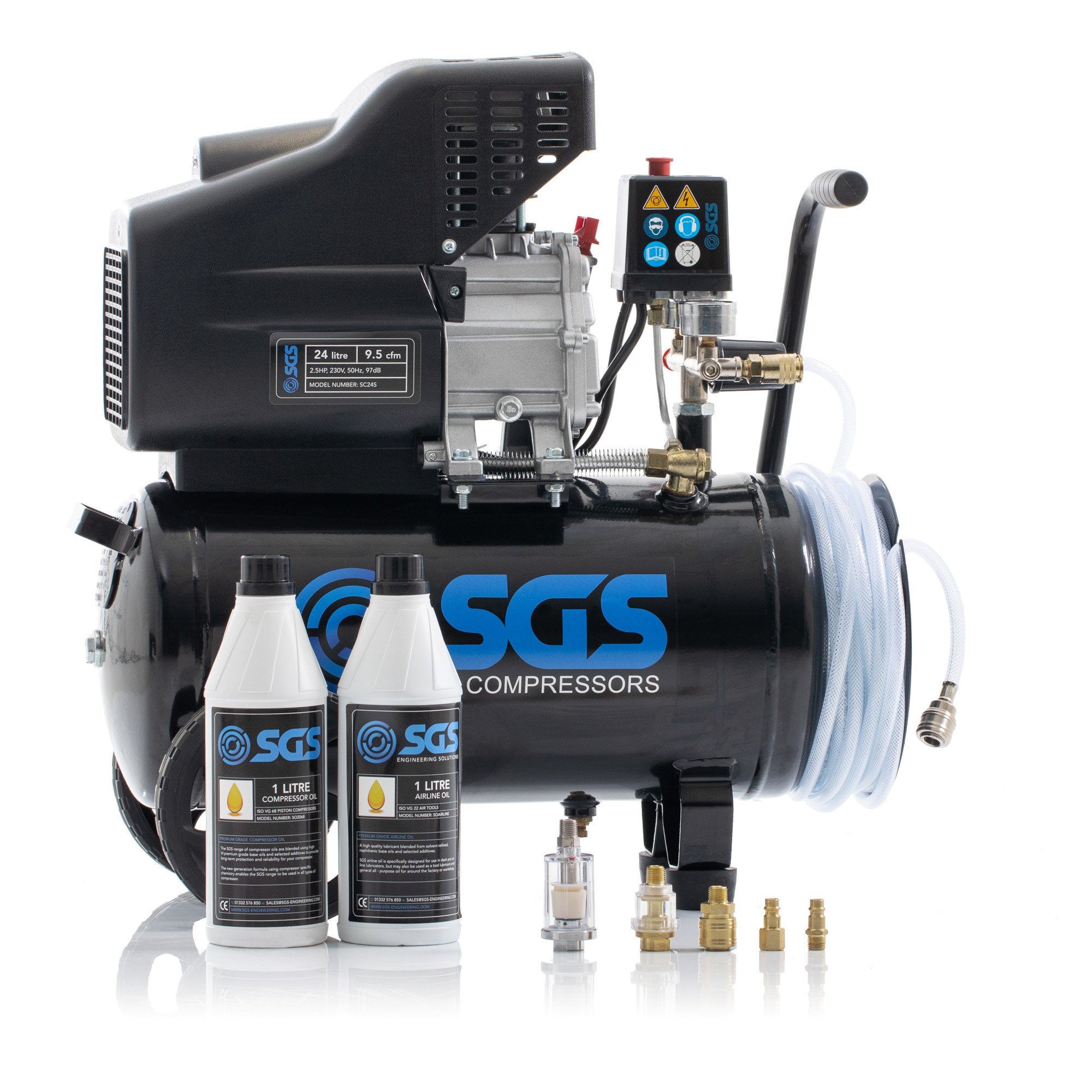 SGS 24升直接驱动空气压缩机，集成软管卷盘和启动器套件- 9.5CFM 2.5HP 24L