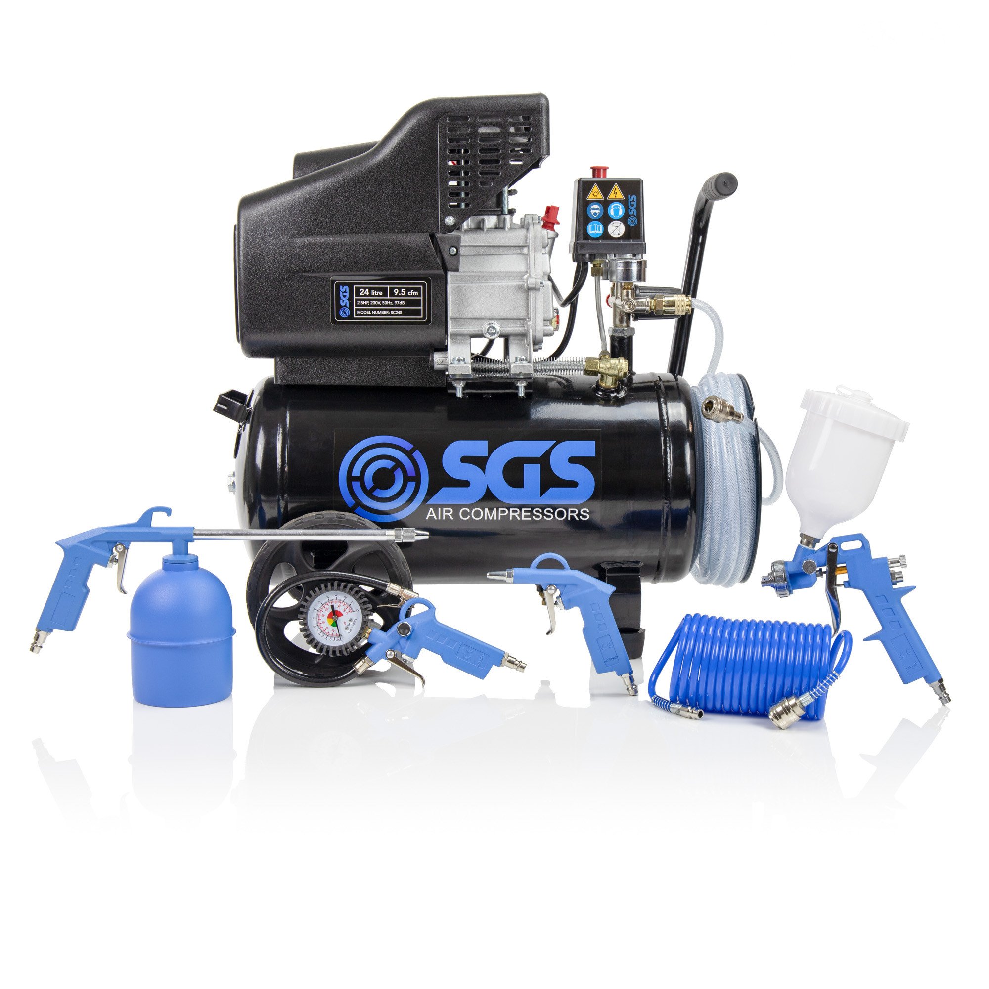 SGS 24升直接驱动空气压缩机，集成软管卷盘和5件工具包- 9.5CFM 2.5HP 24L