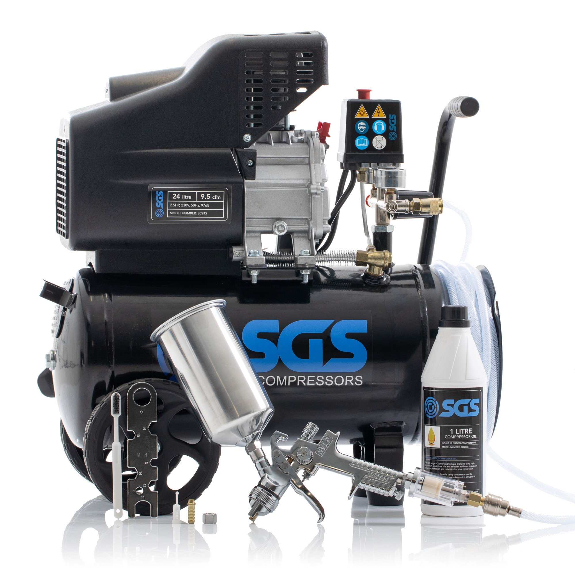 SGS 24升直接驱动空气压缩机，集成软管卷筒和喷枪套件- 9.5CFM 2.5HP 24L