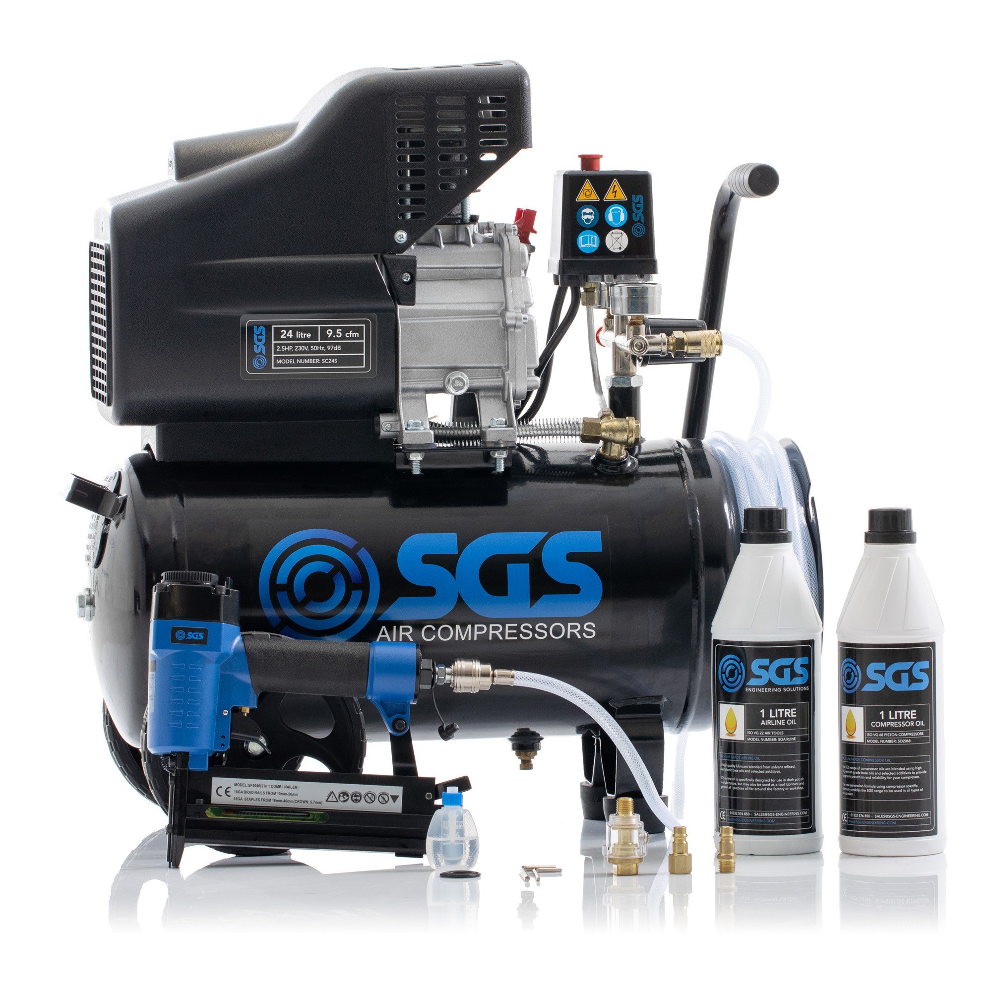 SGS 24升直接驱动空气压缩机集成软管卷盘& 2 in1空气钉/订书机2.5 - 9.5 cfm惠普24 l