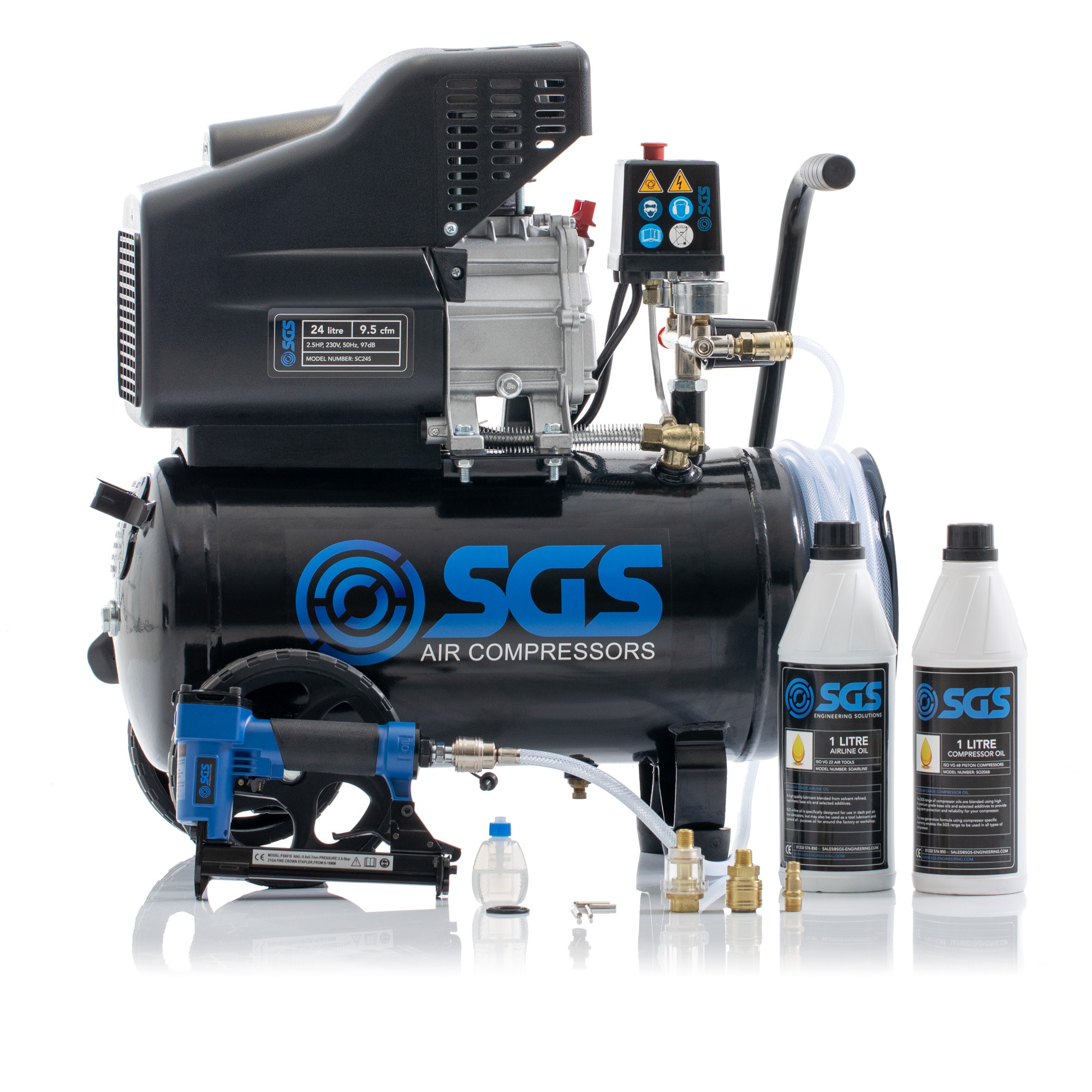 SGS 24升直接驱动空气压缩机，集成软管卷筒和钉枪套件- 9.5CFM 2.5HP 24L