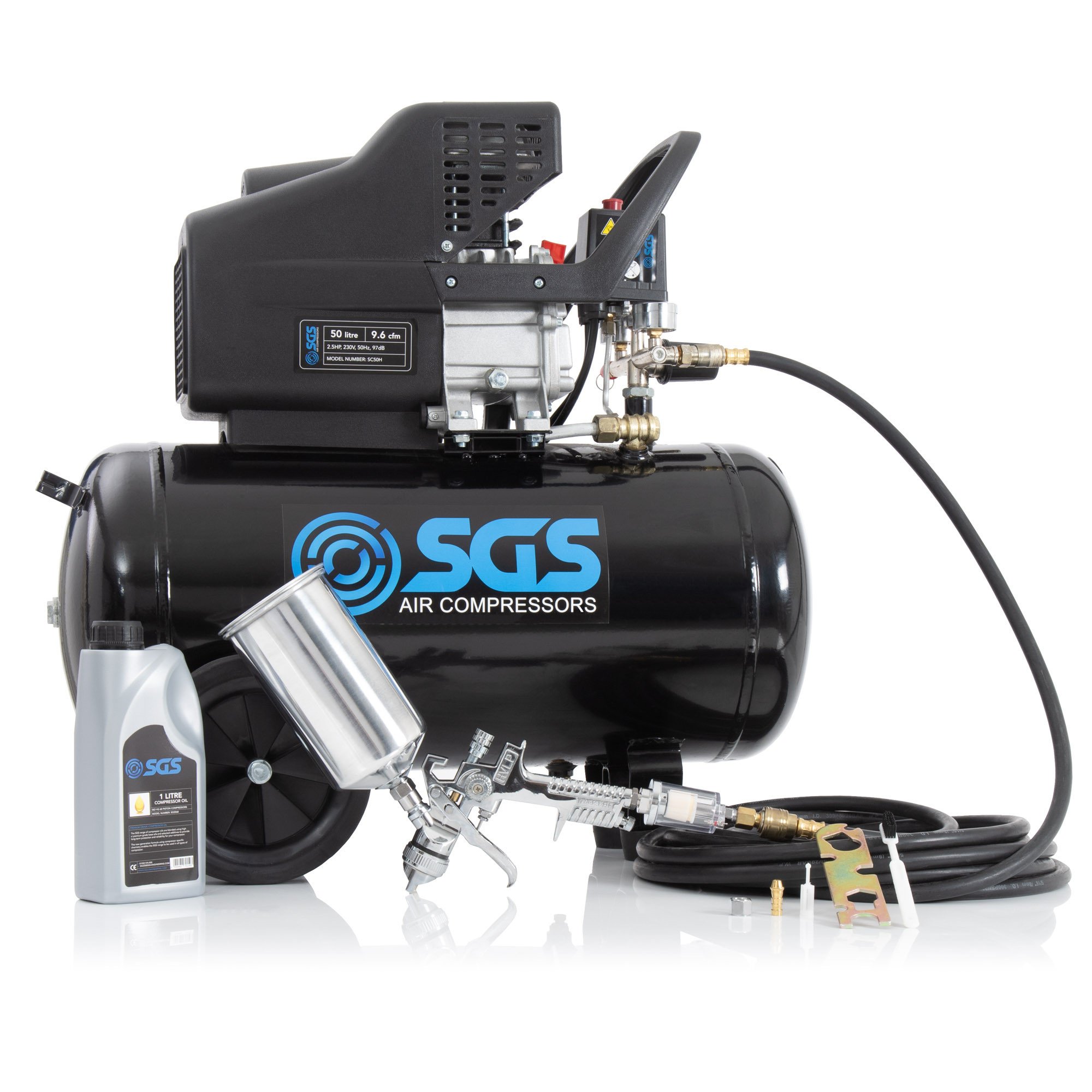SGS 50升直接驱动空气压缩机和喷枪套件-9.6CFM 2.5HP 50L