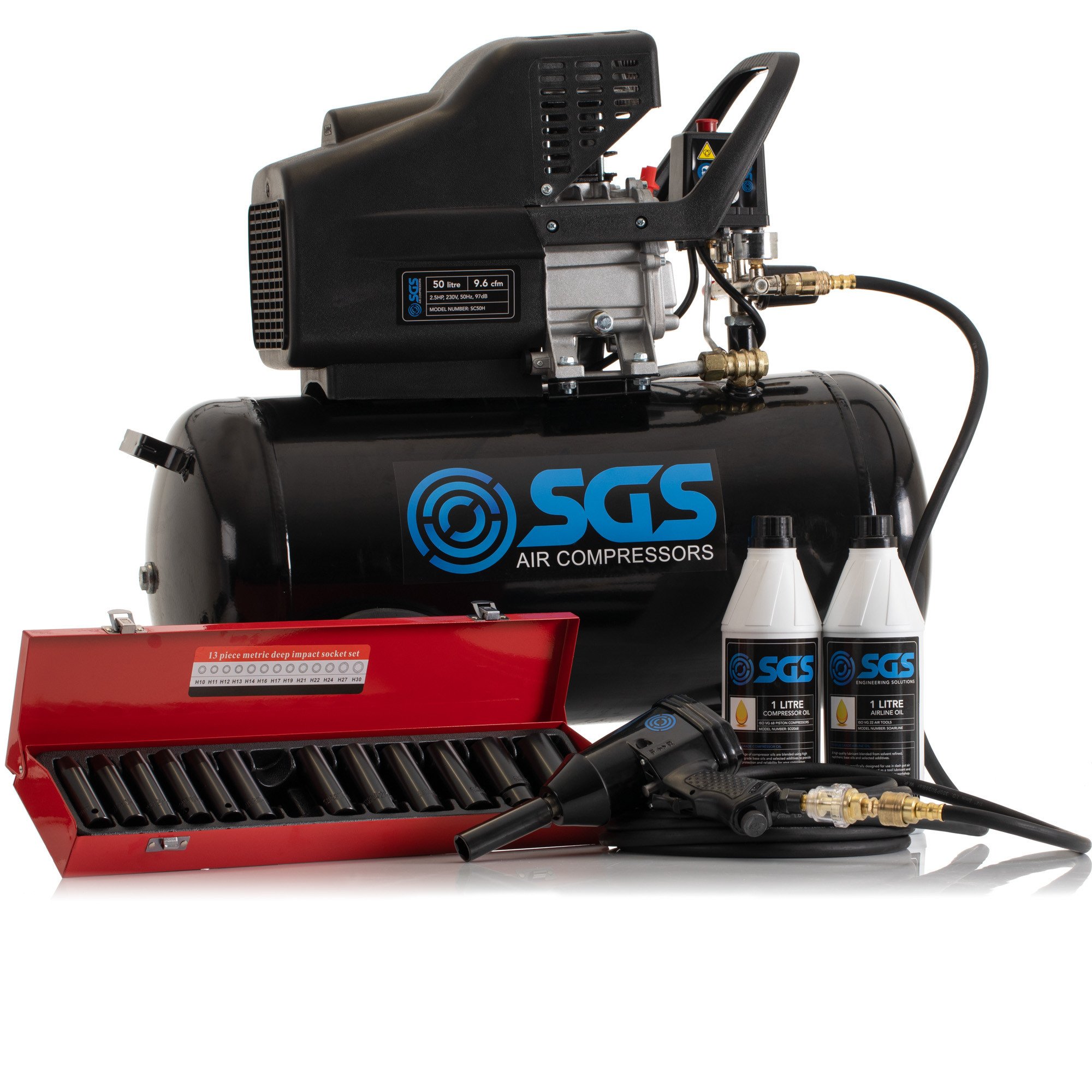 SGS 50升直接驱动空气压缩机和1/2”冲击扳手套件与套接字2.5 - 9.6 cfm惠普50 l