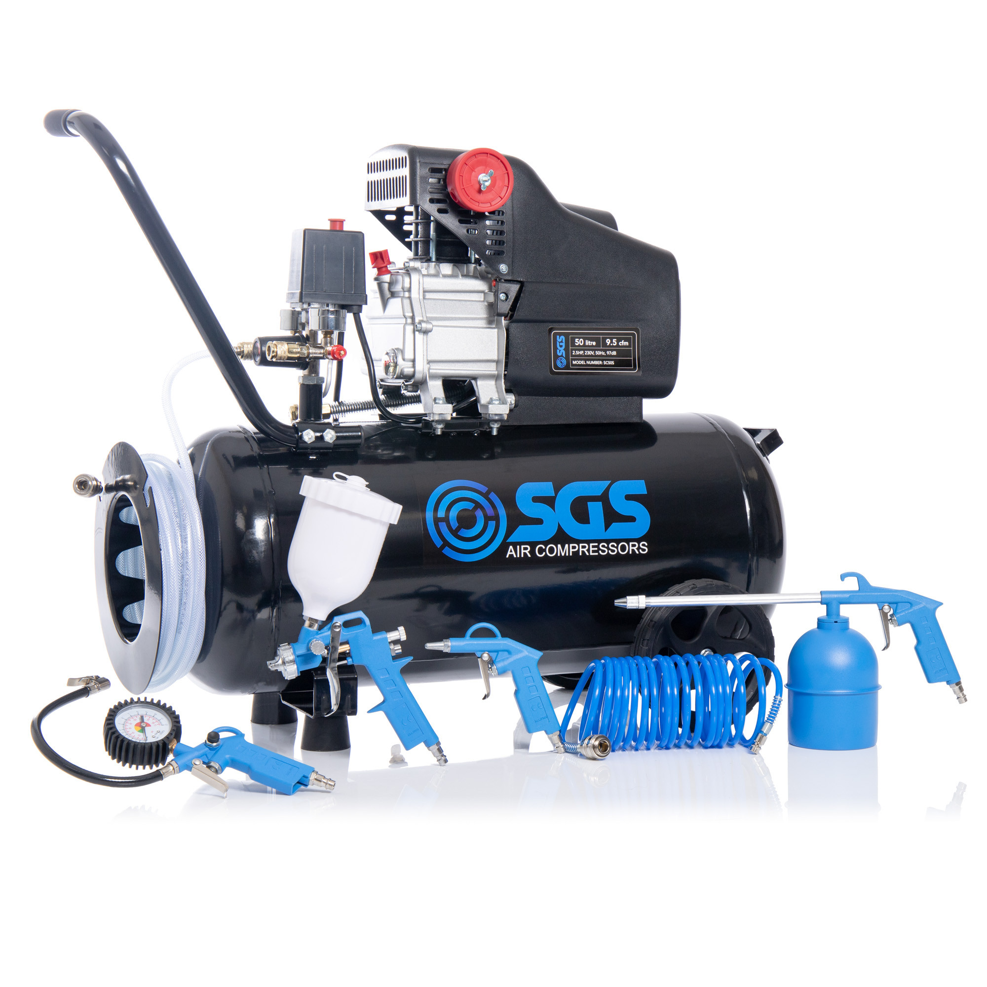 SGS 50升直接驱动空气压缩机，集成软管卷盘和5件工具包- 9.5CFM 2.5HP 50L