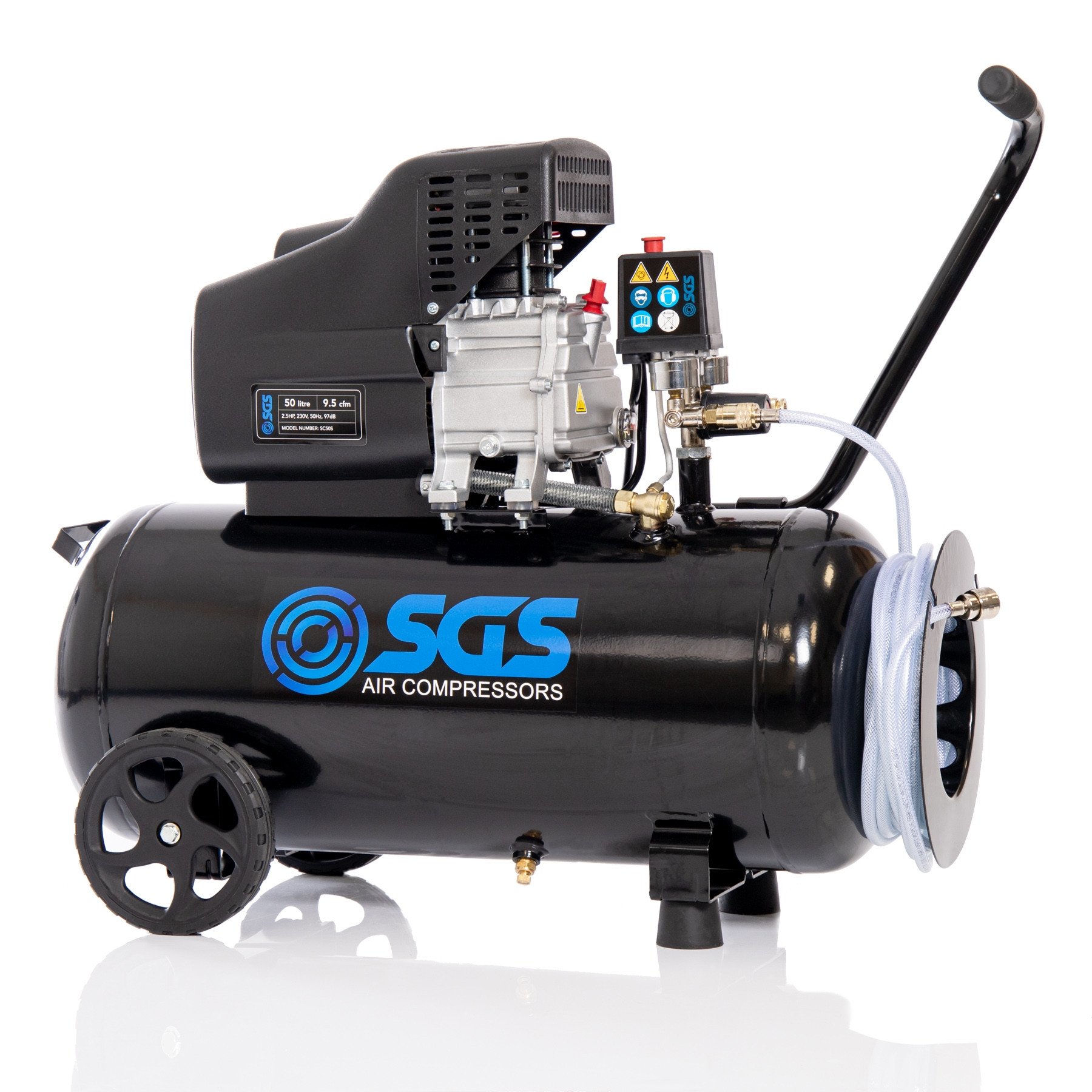 SGS 50升直接驱动空气压缩机与集成软管卷盘2.5 - 9.5 cfm惠普50 l
