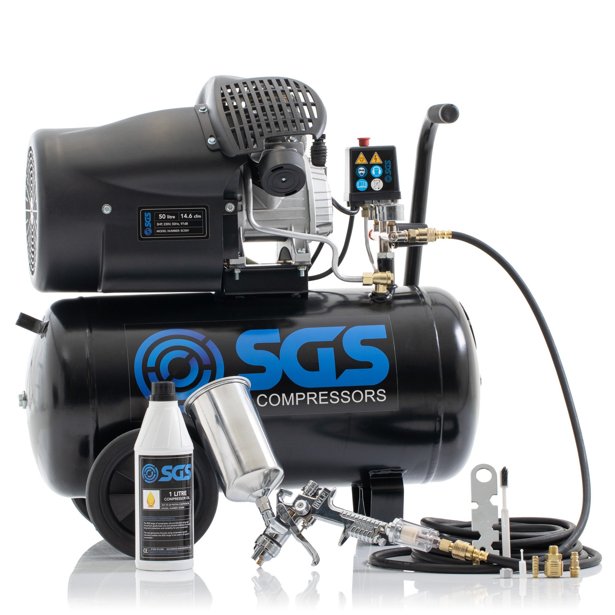 SGS 50升直接驱动空气压缩机带喷枪套件-14.6CFM 3.0HP 50L
