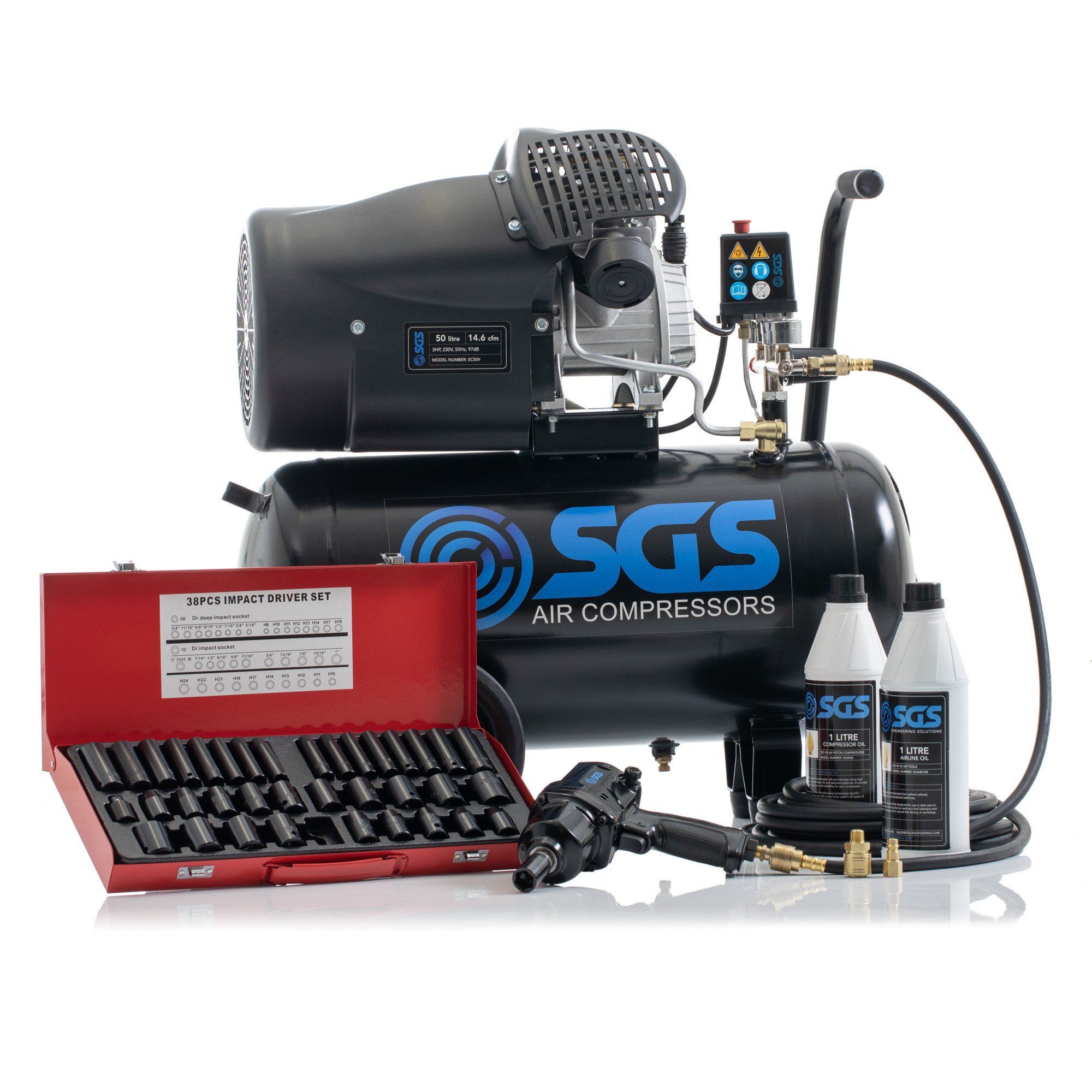 SGS 50升直接驱动空气压缩机使用1/2冲击扳手和套筒组3.0 - 14.6 cfm惠普50 l