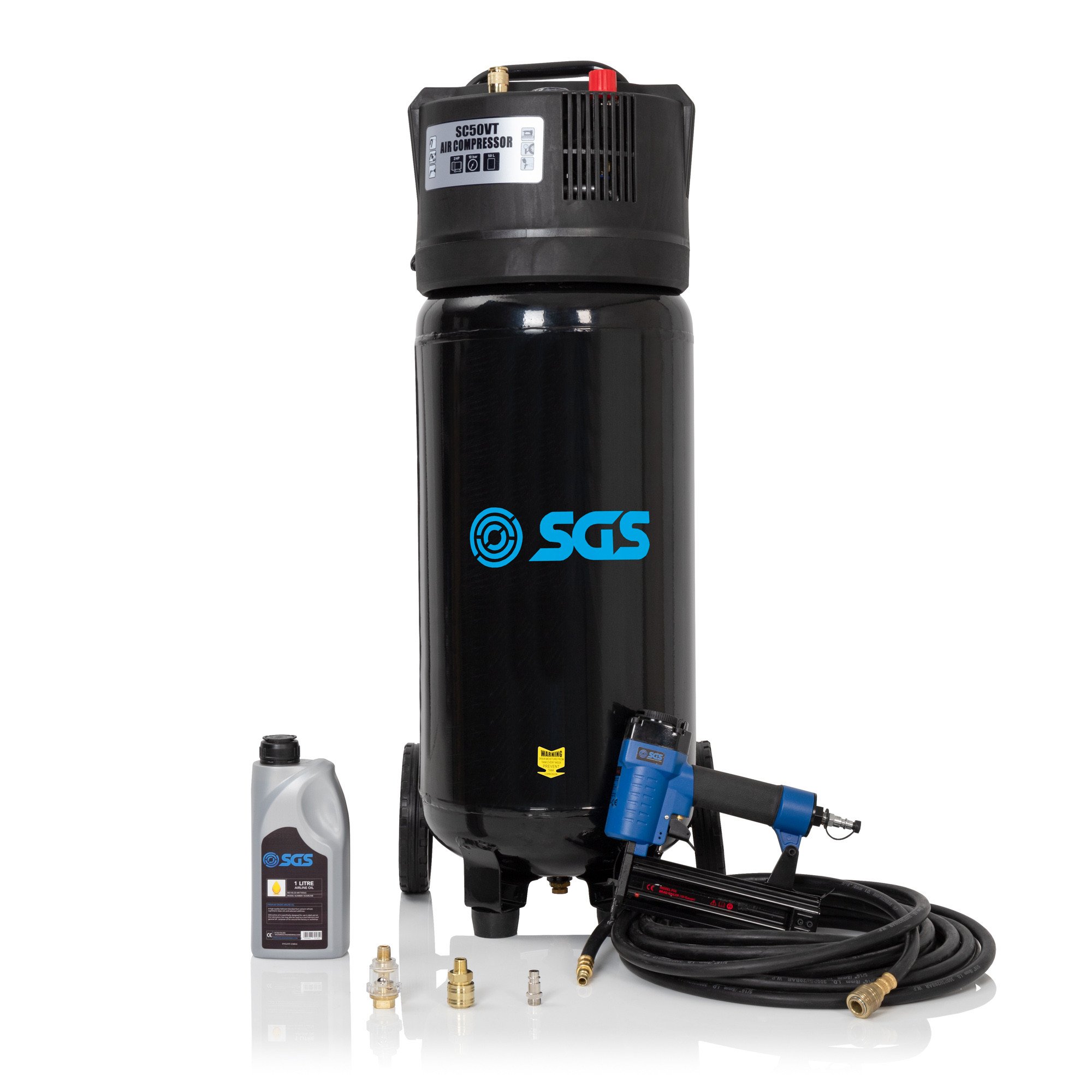 SGS 50升无油直接驱动垂直空气压缩机与空气2 in1钉/订书机