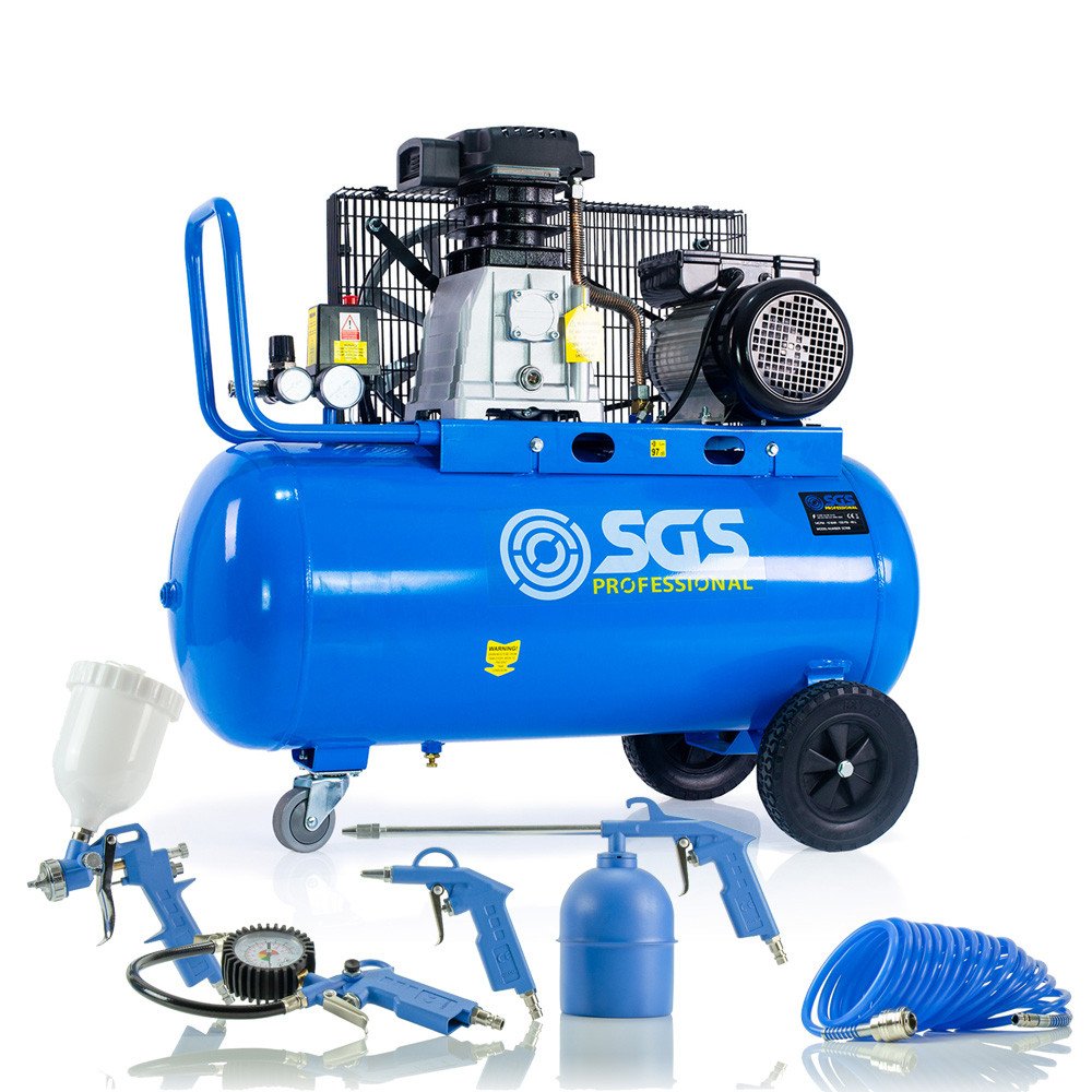 SGS 90升皮带传动空气压缩机和5块工具——免费的油